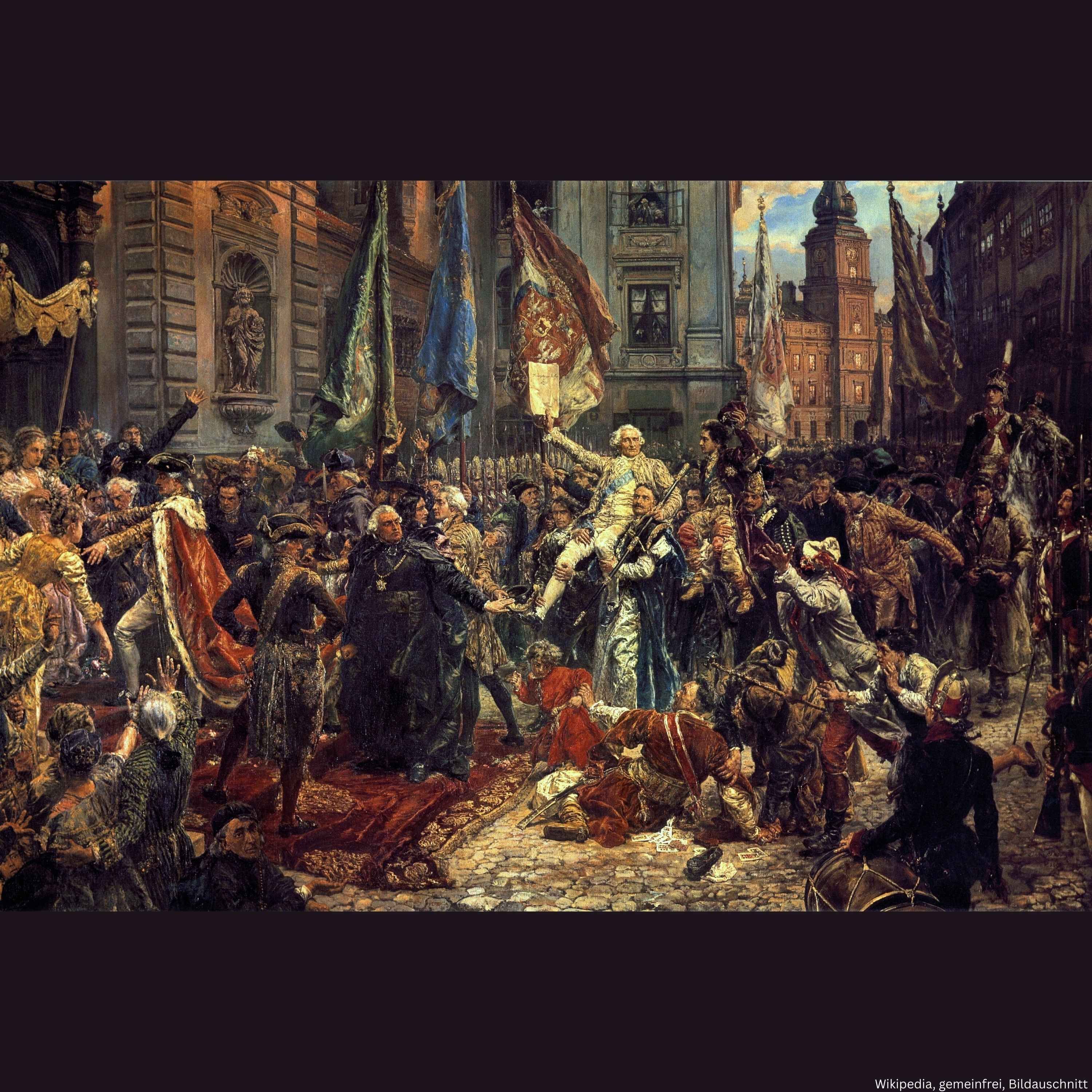 Ein Beispiel für Historienmalerei: Jan Matejko, Verabschiedung der Verfassung vom 3. Mai 1791 in Warschau, gemalt anlässlich ihres hundertjährigen Jubiläums 1891. Ein Beispiel für Historienmalerei: Jan Matejko, Verabschiedung der Verfassung vom 3. Mai 1791 in Warschau, gemalt anlässlich ihres hundertjährigen Jubiläums 1891.